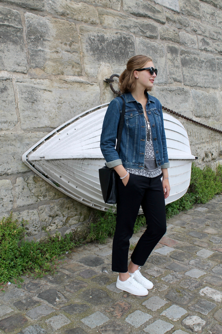 White sneakers, dress pants, printed shirt and denim jacket #ootd