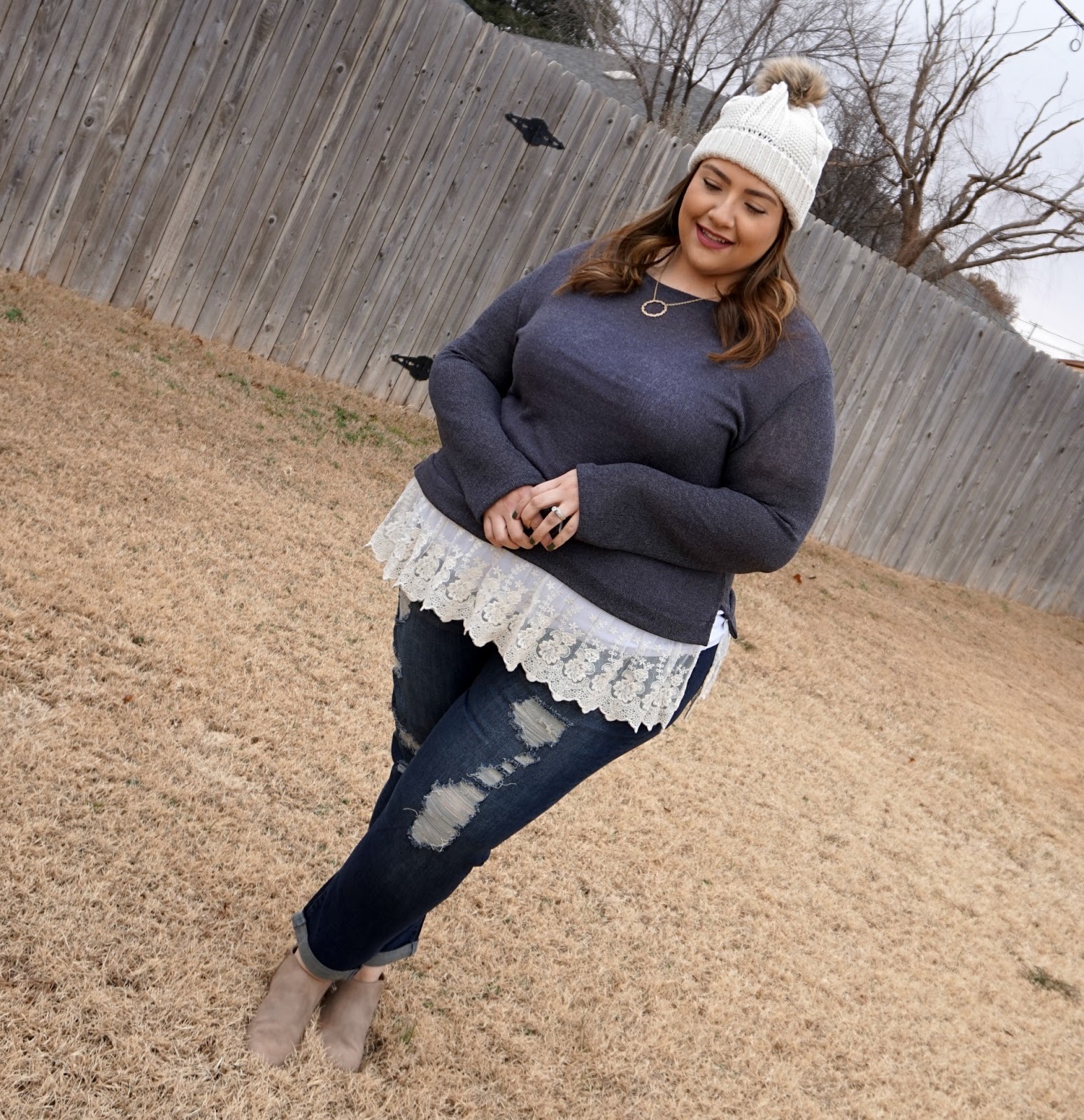 Plus Size Winter Outfit -- Distressed Denim & Lace | beautywithlily.com