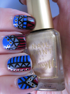Tribal-nail-art-blue-grey-red-gold-Barry-M-Foil-Effect