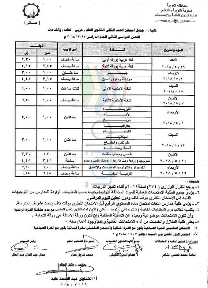 جدول امتحانات الصف الثاني الثانوي 2018 الترم الثاني محافظة الغربية جدول امتحانات الصف الثاني الثانوي 2018 الترم الثاني محافظة الغربية