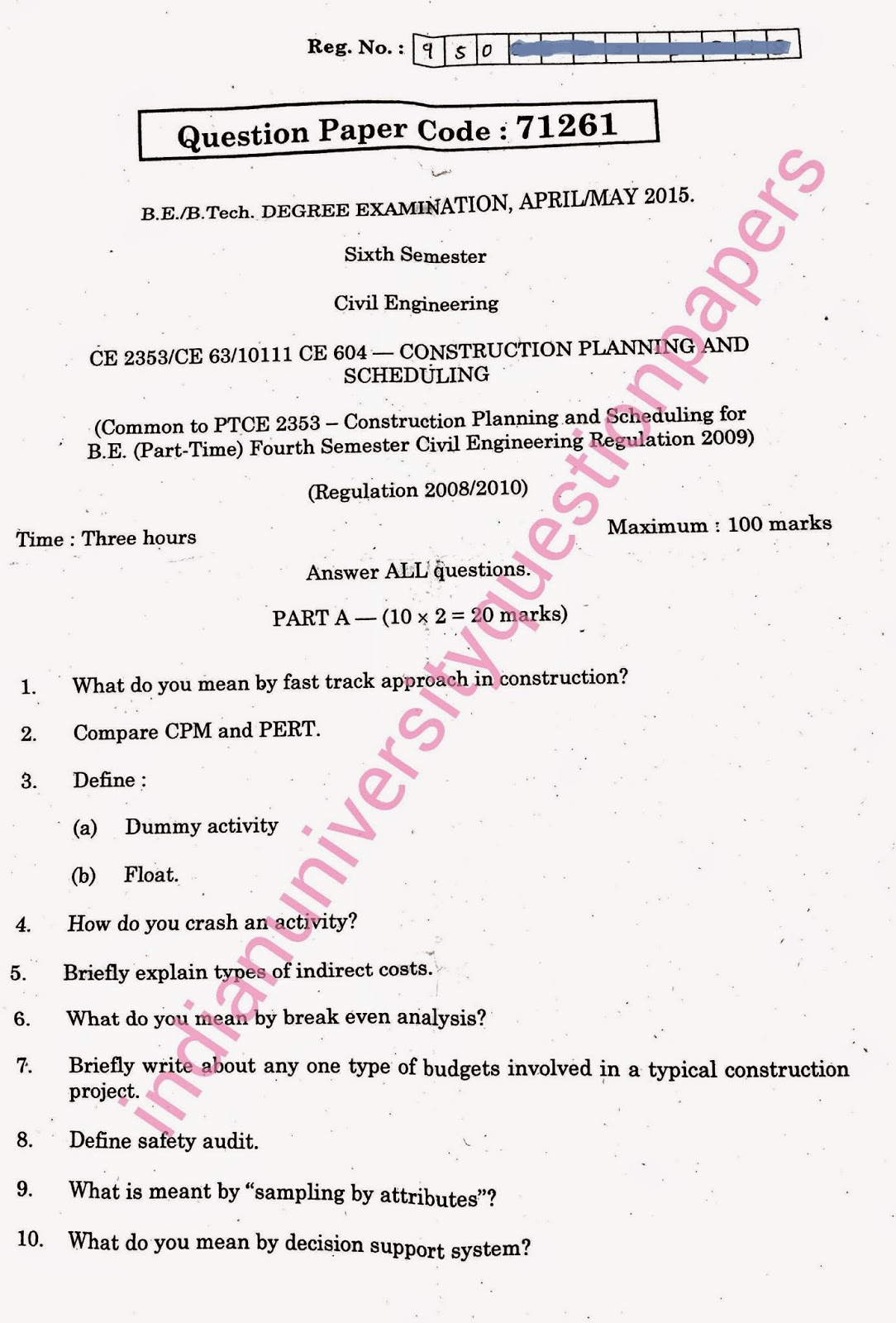 CE2353 Construction Planning and Scheduling 2015 Question Paper Anna