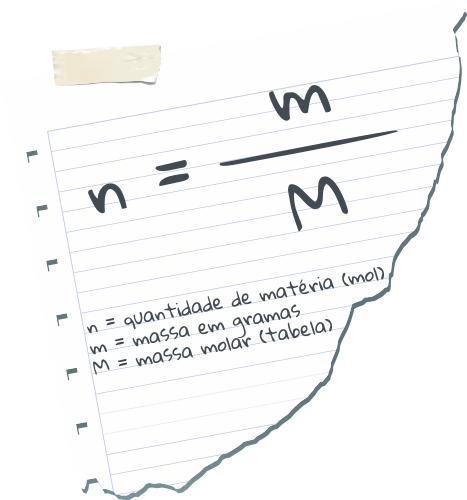 anotação mostra a fórmula usada para calcular a quantidade de matéria.