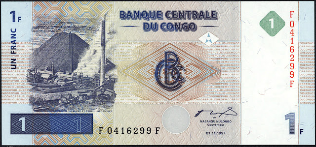 Congo Democratic Republic Currency 1 Congolese franc banknote 1997 Gecamines copper mine