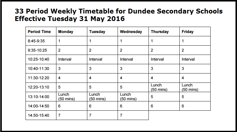 laurie bidwell new 33 period week timetable for dundee secondary timetable week