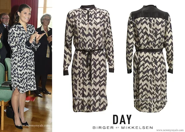  The Crown Princess wore Day Birger et Mikkelsen Chevron silk blend dress. The dress retails for £330.00 on the "Day Birger et Mikkelsen" website.