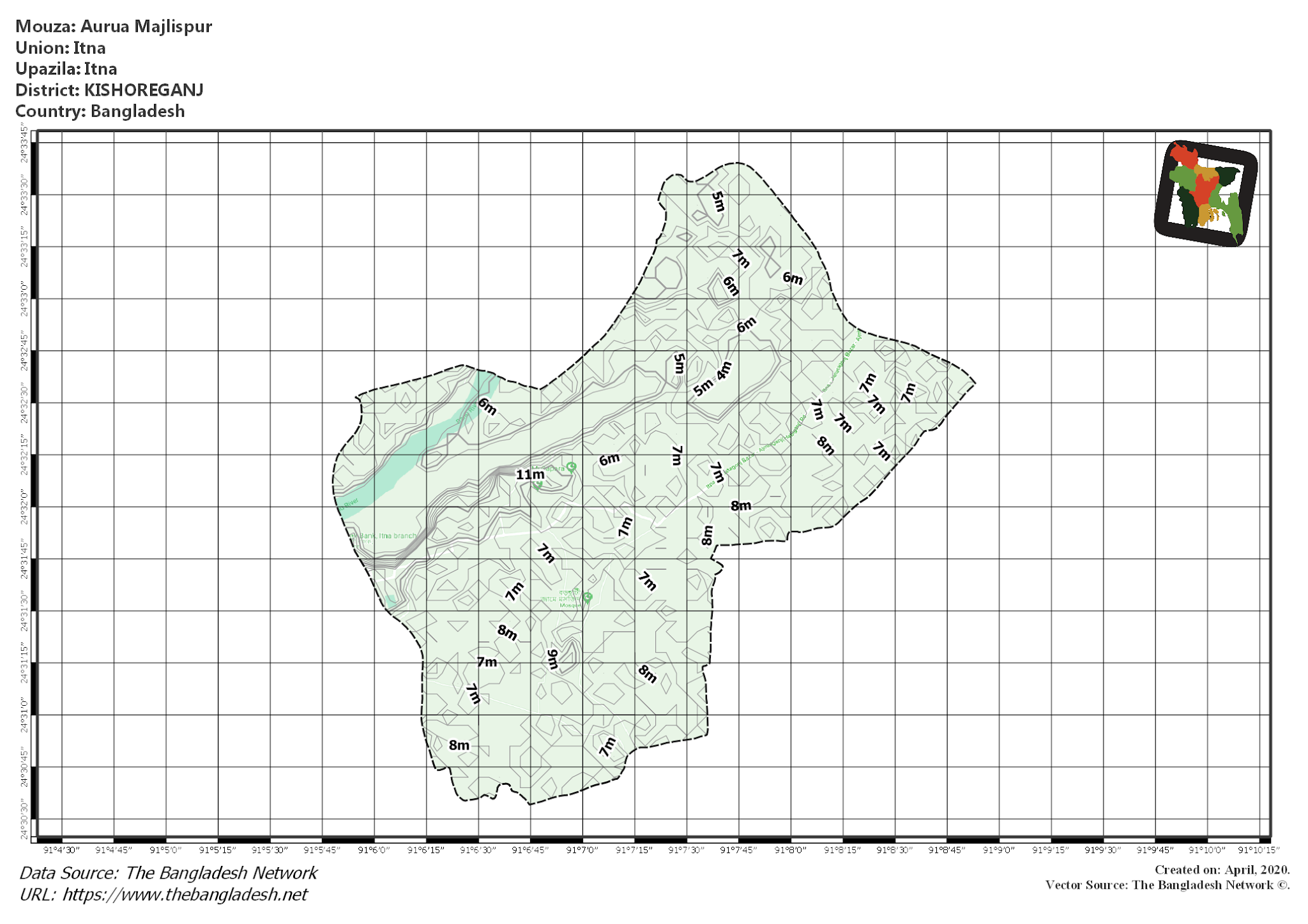 Map of Aurua Majlispur Mouza of Itna Upazila, KISHOREGANJ, Bangladesh.