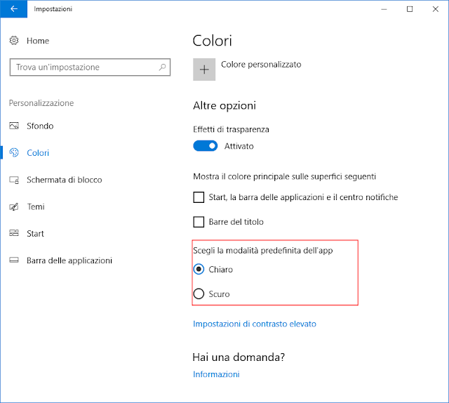 Windows 10, Selezione modalità Chiaro/Scuro dell'app Windows 10, Selezione modalità Chiaro/Scuro dell'app