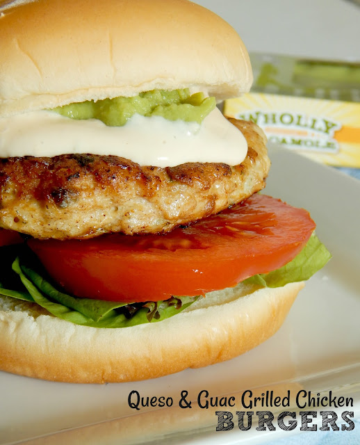 Queso & Guac Grilled Chicken Burgers...the best party burger! Juicy, cast iron skillet chicken burgers, topped with creamy queso and guacamole.