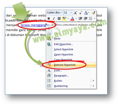 Gambar: Cara menghilangkan, membuang atau remove hyperlink dari teks atau tulisan di Microsoft Word