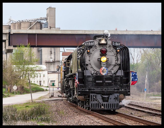 UP 844 leads the Shiloh Limited east on the UP's River Subdivision at Waverly, MO.