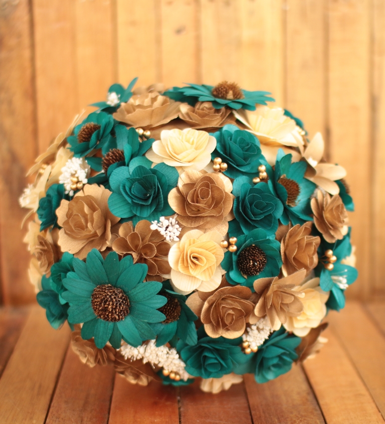 Copper Teal Wedding Bouquets Made of Wooden Flowers Reduce. Reuse