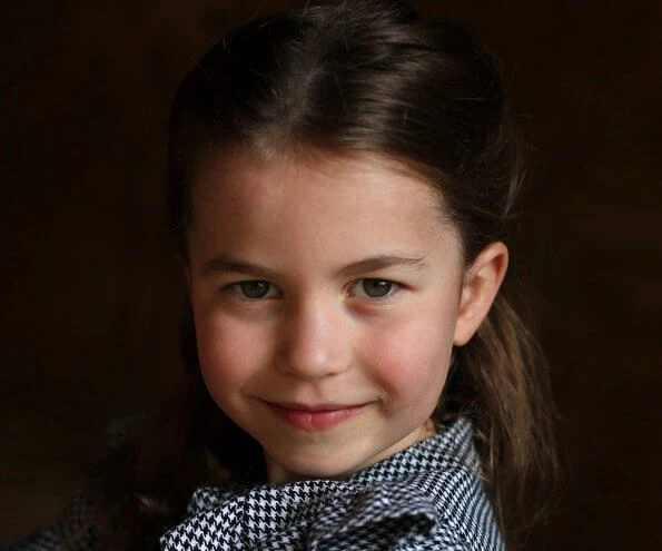 Princess Charlotte wore a houndstooth puritan collar dress by Zara. Happy birthday, Princess Charlotte. Kate Middleton