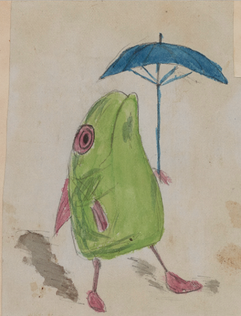 A fish with legs and an umbrella. Doodle on Origin of a Species manuscript made by Charles Darwin's children. Illustrated By . . . marchmatron.com A fish with legs and an umbrella. Doodle on Origin of a Species manuscript made by Charles Darwin's children. Illustrated By . . . marchmatron.com