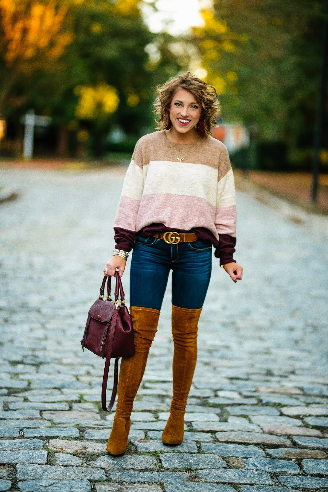 Pink & Burgundy Color Block Sweater + OTK Boots - Something Delightful Blog