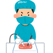 電気メスで鶏肉を切る人のイラスト
