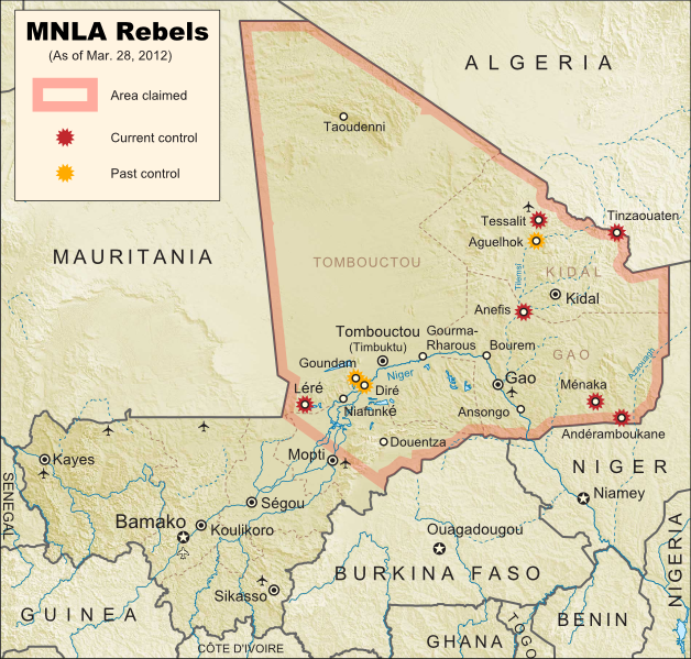 Map of Tuareg rebellion in Northern Mali, showing towns controlled by the MNLA rebel group