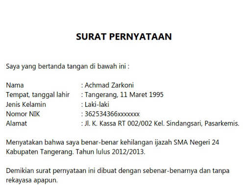 Surat Pernyataan Kehilangan Ijazah
