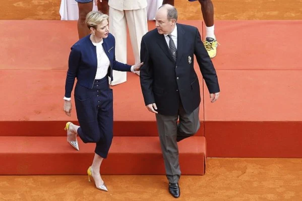 Prince Albert II of Monaco and Princess Charlene of Monaco at the awarding ceremony following the final tennis match at the Monte-Carlo ATP Masters Series Tournament in Monaco