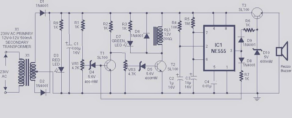 High and Low Voltage Cut-Off with Delay and Alarm Circuit Diagram