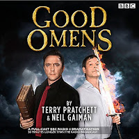 Good Omens: The Nice and Accurate Prophecies of Agnes Nutter, Witch audiobook cover. Emerging from the smoke on a black background are a devilish Peter Serafinowicz dressed in black and clutching an old book and an angelic Mark Heap in white holding a flaming sword.