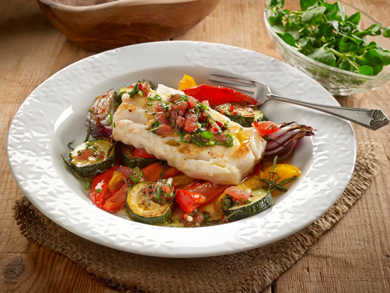Cod Fillets, Roasted Vegetables And Sauce Vierge... Claire Justine Oxox