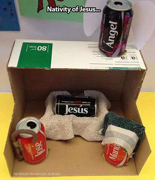 Witziges Bild - Jesus Krippengeschichte mit Cola Dosen mit Namen