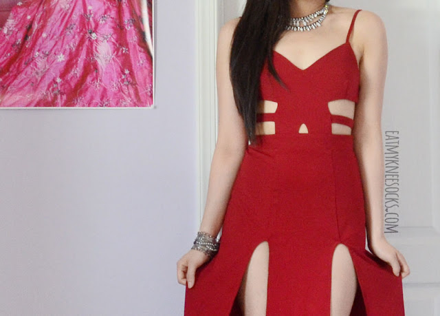 SheIn Fashion Review: Red Cutout Maxi Dress A bold, sexy formal outfit featuring the red cutout double slit Nightwalker Shera maxi dress dupe from SheIn, paired with black platform heels and silver jewelry.