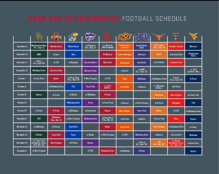 This Colorful Life: Big 12 Football Schedule- 2016