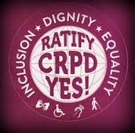 Advocacy logo for the CRPD - reading inclusion, dignity, equality ratify CRPD yes!