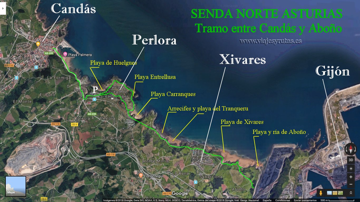 Mapa de tramo de la senda norte entre Candás y Aboño