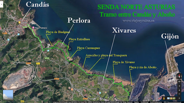 Mapa de tramo de la senda norte entre Candás y Aboño