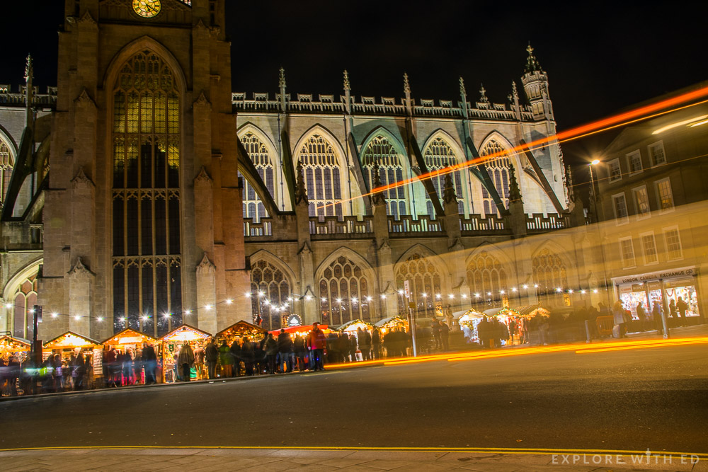 Long exposure of Bath Abbey and Christmas Market at night