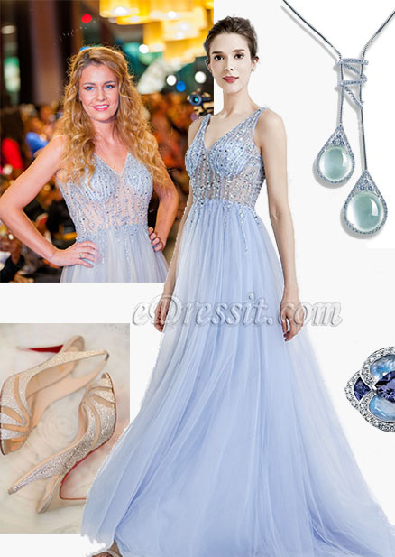 Blue Sparkly V Cut Beaded Women Evening Dresses