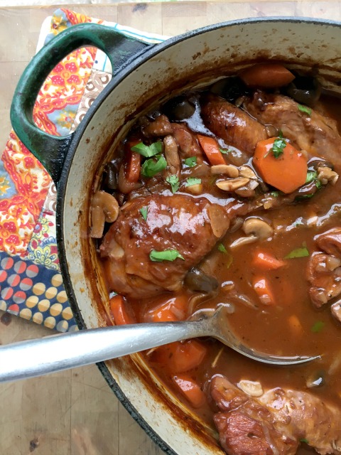 Coq au Vin - a satisfying chicken stew - can be a local meal to celebrate Earth Day
