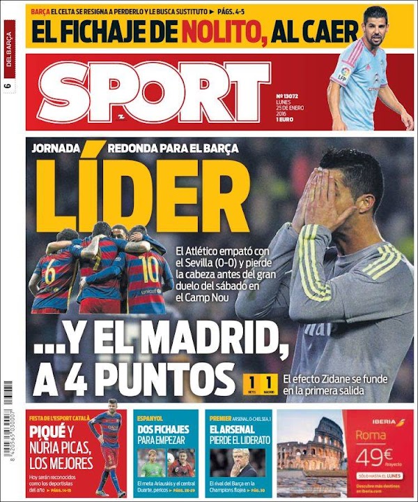 FC Barcelona, Sport: "Líder... y el Madrid, a 4 puntos"