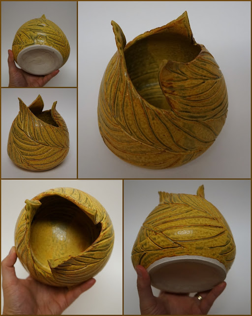 Trio of leaves carved pottery vase in Ash Yellow by Lily L.