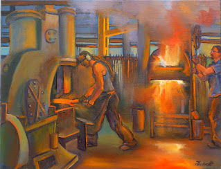 oil painting of blacksmith from 'Wrought Artworks' at the Australian Technology Park, Eveleigh Railway workshops by industrial heritage artist Jane Bennett