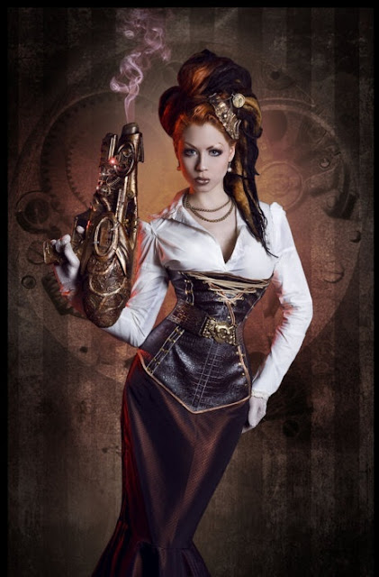 steampunk womens clothing blouse skirt corset/bodice, gloves, gun