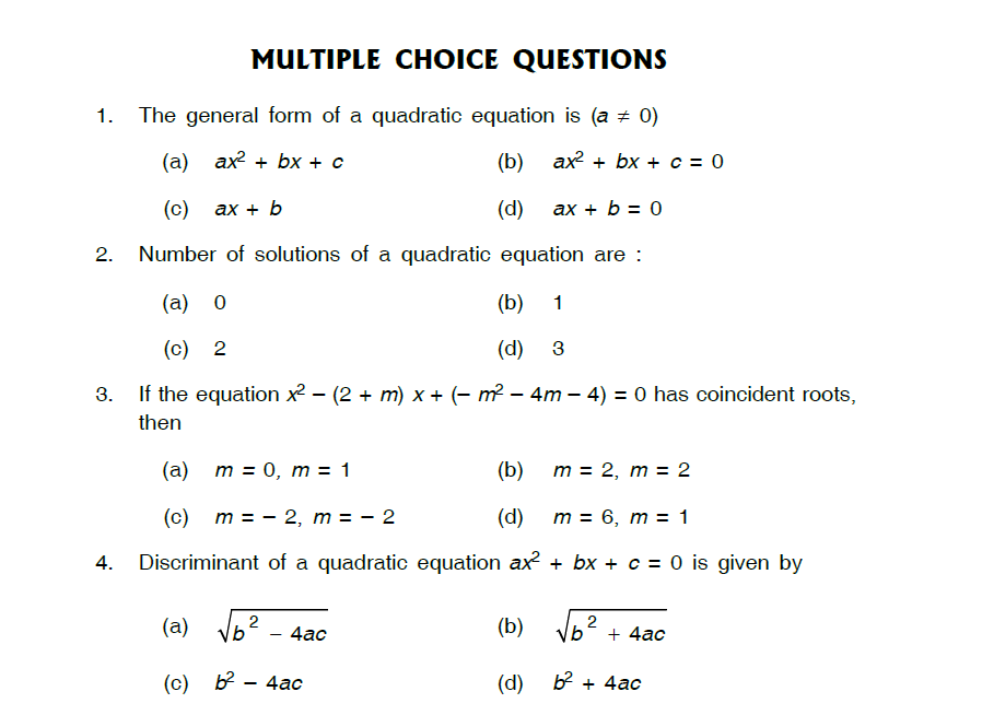 Solving Quadratic Equations Multiple Choice Worksheet