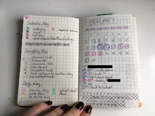 A double page spread showing a colour coded key, and a monthly calendar. Important events are written below it and correspond with coloured circles around certain dates. There is a monthly tracker across the bottom.