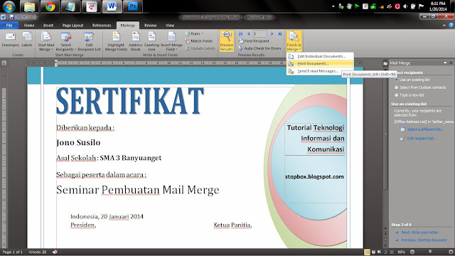 Langkah-Langkah Membuat Mail Merge pada MS Word Langkah-Langkah Membuat Mail Merge pada MS Word