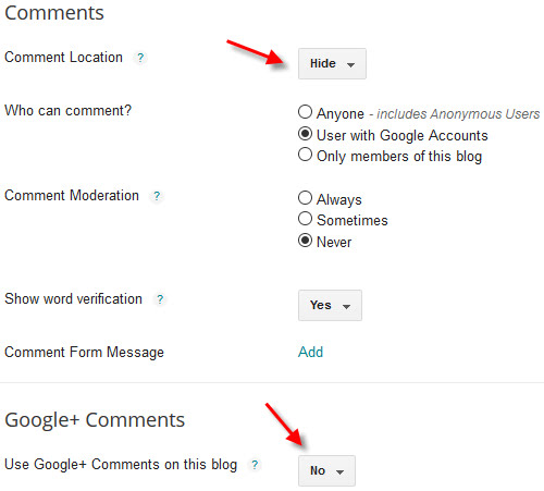 Blogger blog comment system settings