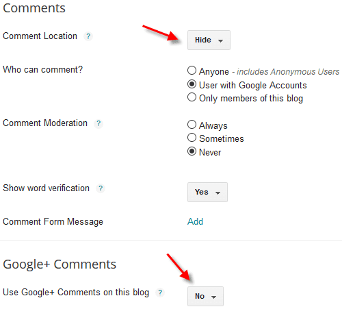Blogger blog comment system settings