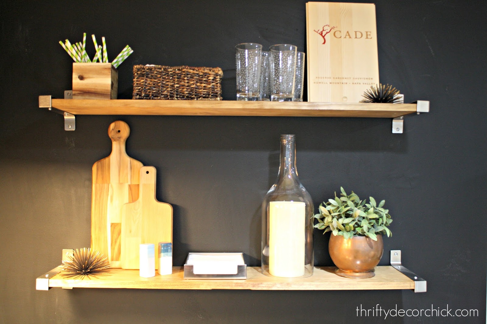 Chalkboard wall and open shelving in the basement! from Thrifty Decor Chick