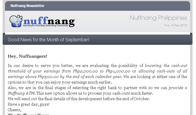 GOOD NEWS From NUFFNANG for the Month of SEPTEMBER
