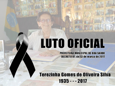 Prefeitura decreta LUTO Oficial em honra a Dona Terezinha