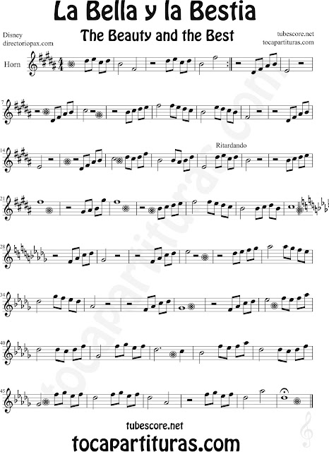 Partitura de La Bella y la Bestia para Trompa y Corno Inglés by Disney The Beauty and the Beast Sheet Music for Horn, English Horn and French Horn Music Scores