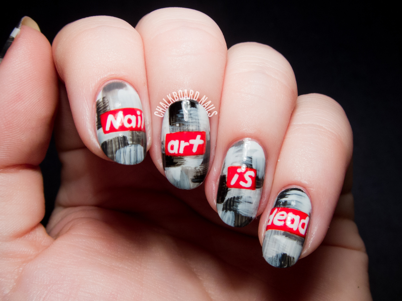 Barbara Kruger inspired nail art by @chalkboardnails