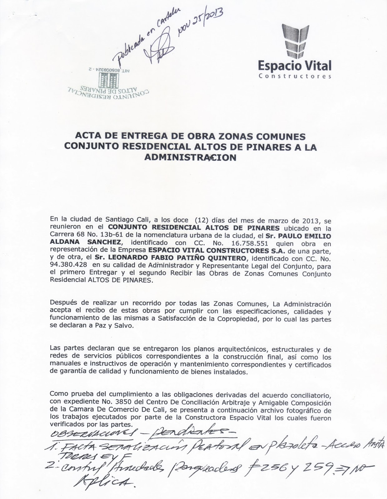 Noticias Altos de Pinares: Acta de Entrega Obras Zonas Comunes - Torres E y  F
