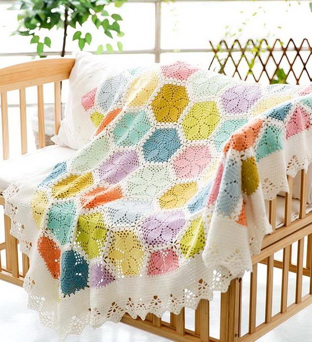 Crochet blanket pattern, crochet flower hexagon motif crochet blanket, crochet flower hexagon motif
